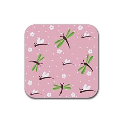 Dragonfly And White Flowers Pattern Rubber Coaster (square)  by Bigfootshirtshop