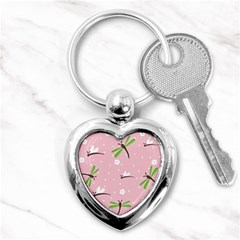 Dragonfly And White Flowers Pattern Key Chains (heart)  by Bigfootshirtshop