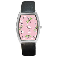 Dragonfly And White Flowers Pattern Barrel Style Metal Watch by Bigfootshirtshop