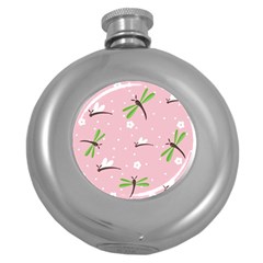 Dragonfly And White Flowers Pattern Round Hip Flask (5 Oz) by Bigfootshirtshop