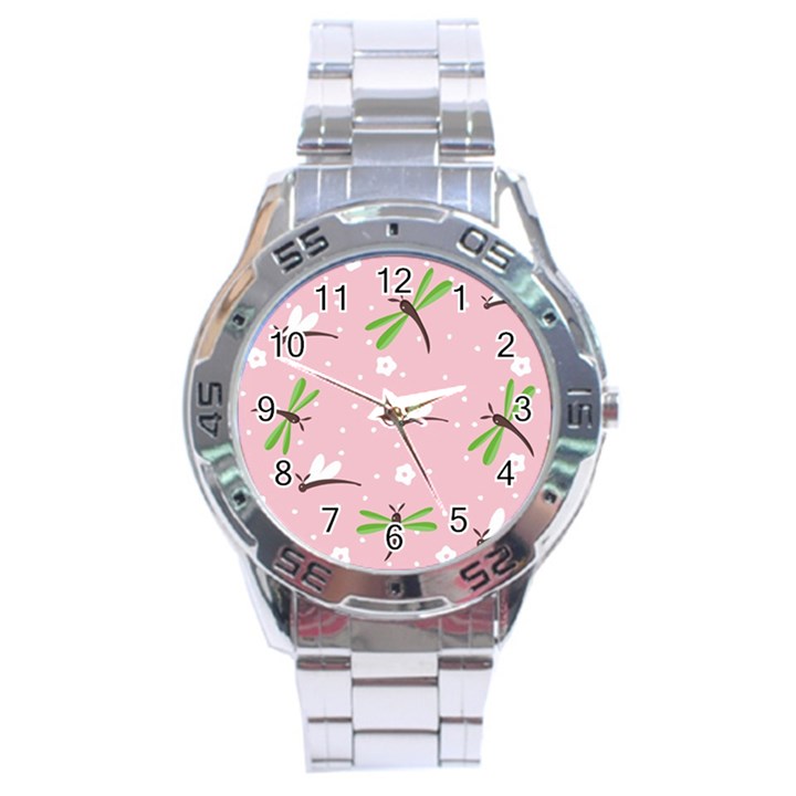 Dragonfly And White Flowers Pattern Stainless Steel Analogue Watch