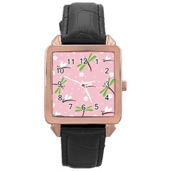 Dragonfly And White Flowers Pattern Rose Gold Leather Watch  by Bigfootshirtshop