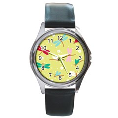 Colorful Dragonflies And White Flowers Pattern Round Metal Watch by Bigfootshirtshop