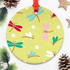 Colorful Dragonflies And White Flowers Pattern Ornament (round) by Bigfootshirtshop