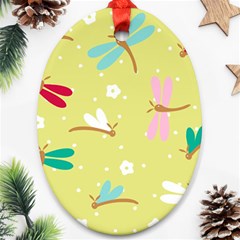 Colorful Dragonflies And White Flowers Pattern Ornament (oval) by Bigfootshirtshop