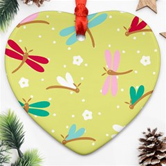 Colorful Dragonflies And White Flowers Pattern Ornament (heart) by Bigfootshirtshop