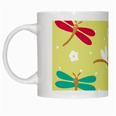 Colorful Dragonflies And White Flowers Pattern White Mugs by Bigfootshirtshop