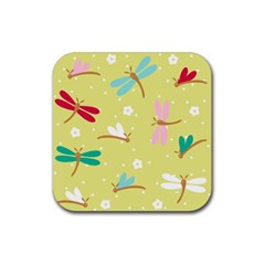 Colorful Dragonflies And White Flowers Pattern Rubber Coaster (square)  by Bigfootshirtshop