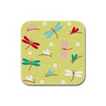 Colorful Dragonflies And White Flowers Pattern Rubber Square Coaster (4 pack)  Front