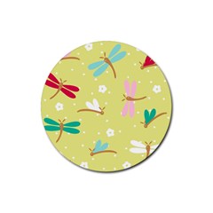 Colorful Dragonflies And White Flowers Pattern Rubber Round Coaster (4 Pack)  by Bigfootshirtshop