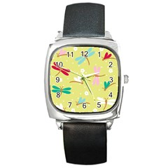 Colorful Dragonflies And White Flowers Pattern Square Metal Watch by Bigfootshirtshop