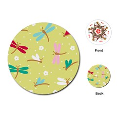 Colorful Dragonflies And White Flowers Pattern Playing Cards (round)  by Bigfootshirtshop