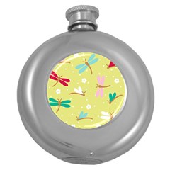 Colorful Dragonflies And White Flowers Pattern Round Hip Flask (5 Oz) by Bigfootshirtshop