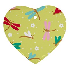 Colorful Dragonflies And White Flowers Pattern Heart Ornament (two Sides) by Bigfootshirtshop