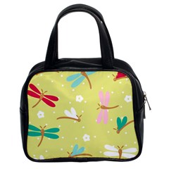 Colorful Dragonflies And White Flowers Pattern Classic Handbags (2 Sides) by Bigfootshirtshop