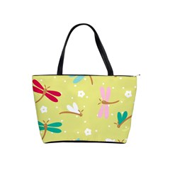 Colorful Dragonflies And White Flowers Pattern Shoulder Handbags by Bigfootshirtshop