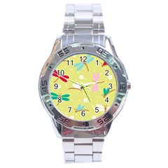 Colorful Dragonflies And White Flowers Pattern Stainless Steel Analogue Watch by Bigfootshirtshop