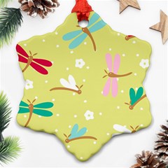 Colorful Dragonflies And White Flowers Pattern Snowflake Ornament (two Sides) by Bigfootshirtshop