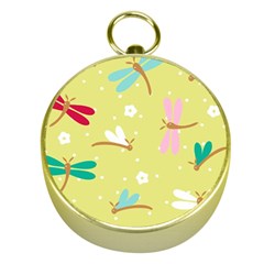 Colorful Dragonflies And White Flowers Pattern Gold Compasses by Bigfootshirtshop