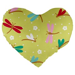 Colorful Dragonflies And White Flowers Pattern Large 19  Premium Flano Heart Shape Cushions by Bigfootshirtshop