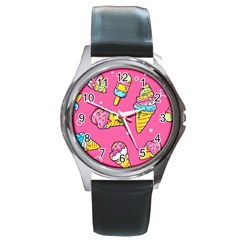 Summer Ice Creams Flavors Pattern Round Metal Watch