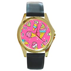 Summer Ice Creams Flavors Pattern Round Gold Metal Watch