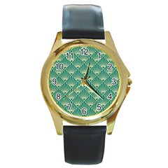 Green Fan  Round Gold Metal Watch by NouveauDesign