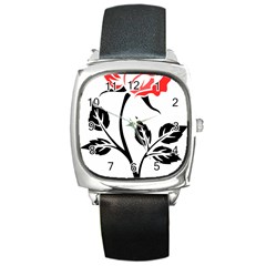 Flower Rose Contour Outlines Black Square Metal Watch by Celenk