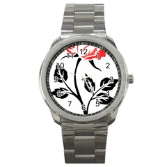 Flower Rose Contour Outlines Black Sport Metal Watch by Celenk