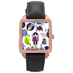 Space Clip Art Aliens Space Craft Rose Gold Leather Watch  by Celenk