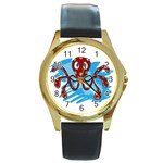 Octopus Sea Ocean Cartoon Animal Round Gold Metal Watch Front