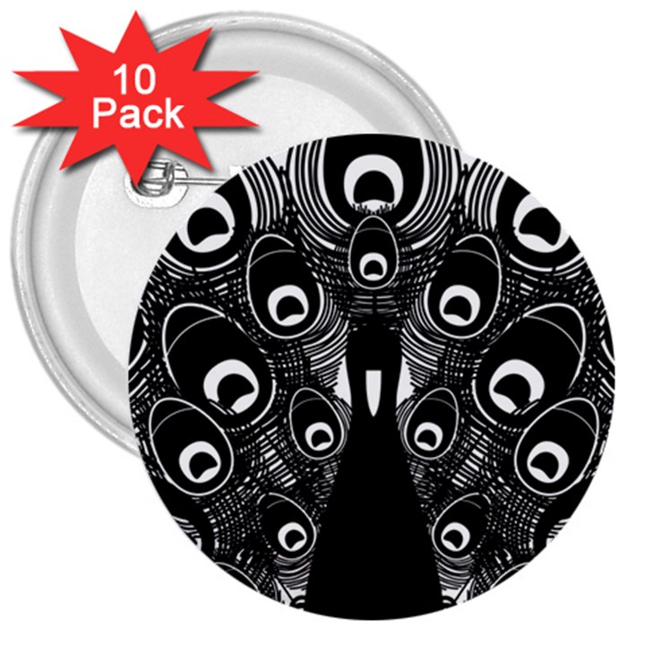 Peacock Bird Animal Feather 3  Buttons (10 pack) 