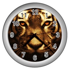 Cat Tiger Animal Wildlife Wild Wall Clocks (silver)  by Celenk