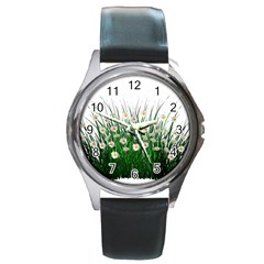 Spring Flowers Grass Meadow Plant Round Metal Watch by Celenk