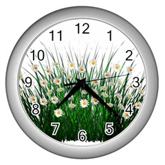 Spring Flowers Grass Meadow Plant Wall Clocks (silver)  by Celenk