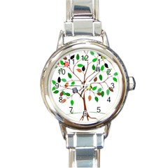 Tree Root Leaves Owls Green Brown Round Italian Charm Watch by Celenk