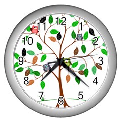 Tree Root Leaves Owls Green Brown Wall Clocks (silver)  by Celenk