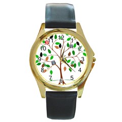 Tree Root Leaves Owls Green Brown Round Gold Metal Watch by Celenk