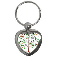 Tree Root Leaves Owls Green Brown Key Chains (heart)  by Celenk