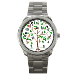 Tree Root Leaves Owls Green Brown Sport Metal Watch by Celenk