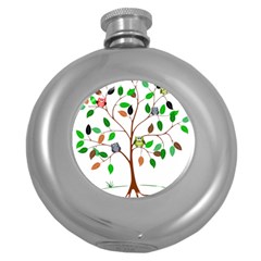 Tree Root Leaves Owls Green Brown Round Hip Flask (5 Oz) by Celenk