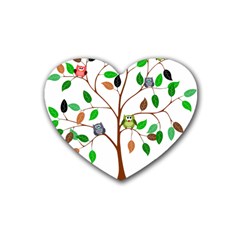 Tree Root Leaves Owls Green Brown Heart Coaster (4 Pack)  by Celenk