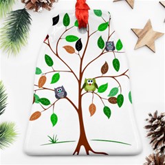 Tree Root Leaves Owls Green Brown Ornament (bell) by Celenk