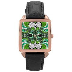 Fractal Art Green Pattern Design Rose Gold Leather Watch  by Celenk