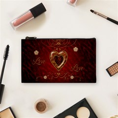 Wonderful Hearts With Floral Elemetns, Gold, Red Cosmetic Bag (small)  by FantasyWorld7