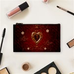 Wonderful Hearts With Floral Elemetns, Gold, Red Cosmetic Bag (Small)  Front