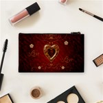 Wonderful Hearts With Floral Elemetns, Gold, Red Cosmetic Bag (Small)  Back