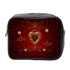 Wonderful Hearts With Floral Elemetns, Gold, Red Mini Toiletries Bag 2-side by FantasyWorld7