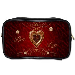 Wonderful Hearts With Floral Elemetns, Gold, Red Toiletries Bags by FantasyWorld7