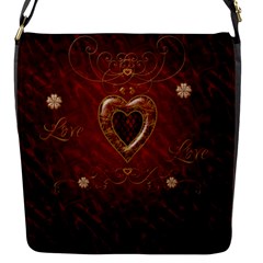 Wonderful Hearts With Floral Elemetns, Gold, Red Flap Messenger Bag (s) by FantasyWorld7